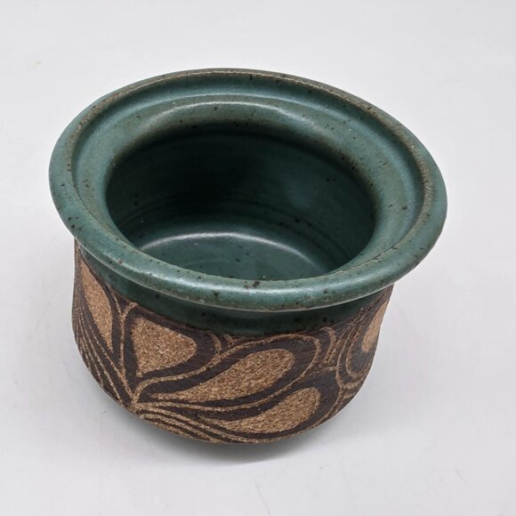 Handmade Green & Brown Ceramic Vase Pot With Textured Floral Design Signed - Picture 5 of 9